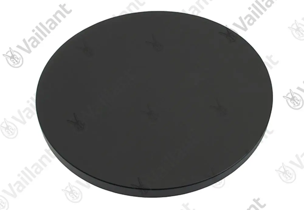 Schwarze, runde Abdeckung von Vaillant. Die Oberfläche ist glatt und unbeschriftet. Eignet sich für verschiedene Anwendungen im Heizungsbereich.